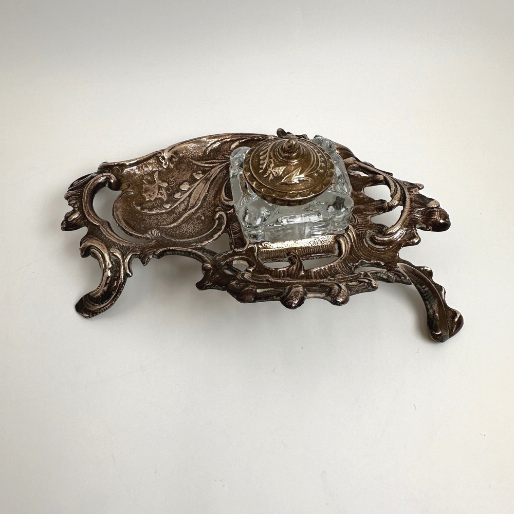 Art Nouveau Brass Desk Inkwell Heavy Cast Metal Victorian Library Dark Academia - Picture 4 of 11